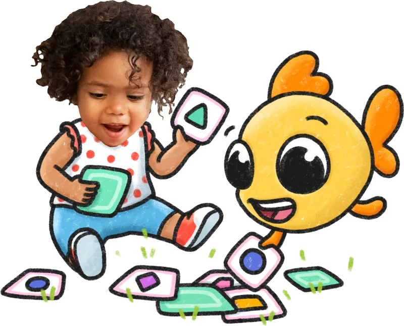 A child and Finny, the Speech Blubs mascot, playing with colorful shapes.